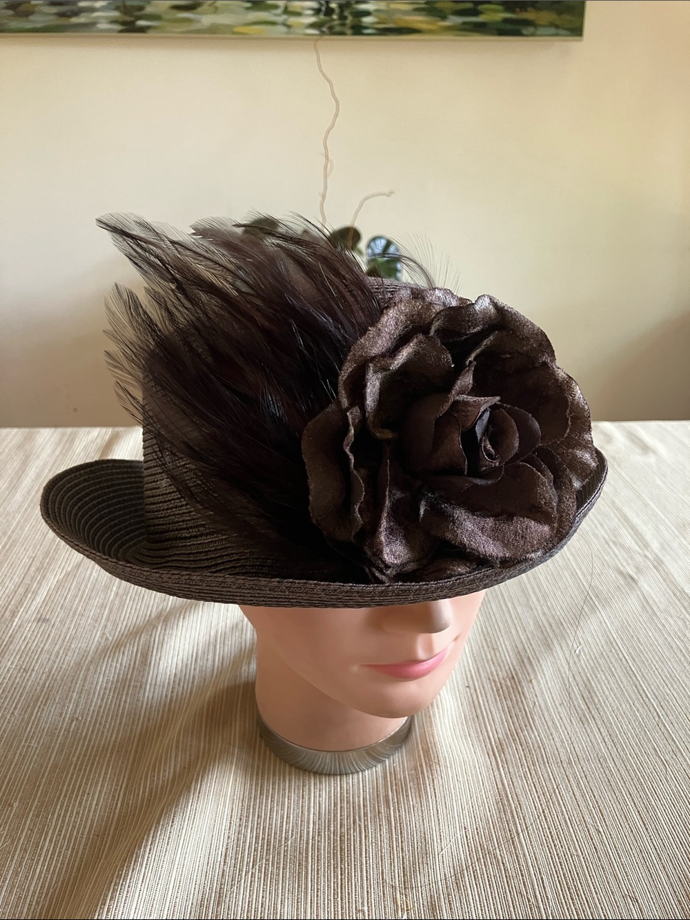 Chic Brown Floral Feathered Ladies Hat